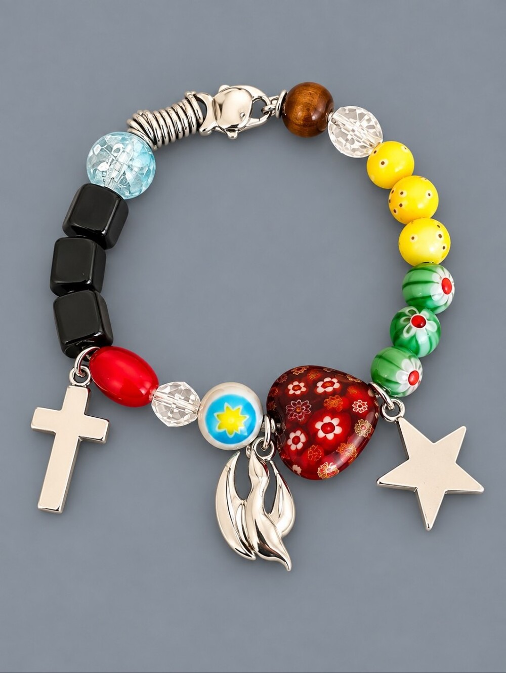 Millefiori Glass Bead Faith Cross Charm Stretch Easter Bracelet